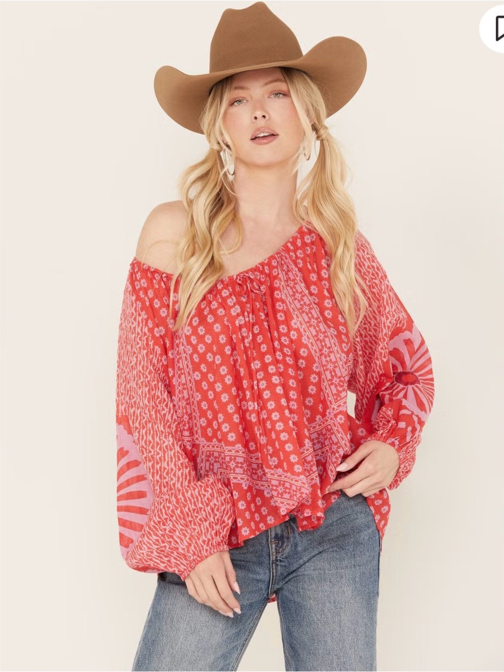 Free People Women's Elena Printed Top red western cowgirl country M